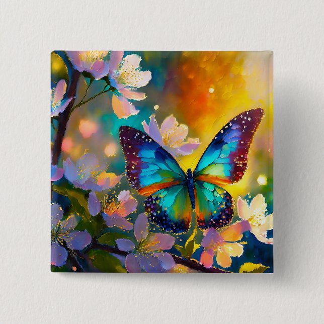 Cherry Blossom Fantasy Sunrise Butterfly 15 Cm Square Badge (Front)