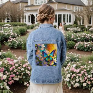 Cherry Blossom Fantasy Sunrise Butterfly Denim Jacket