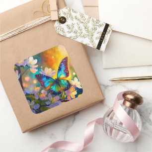 Cherry Blossom Fantasy Sunrise Butterfly Square Sticker
