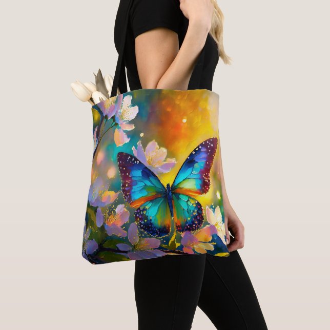 Cherry Blossom Fantasy Sunrise Butterfly Tote Bag (Close Up)