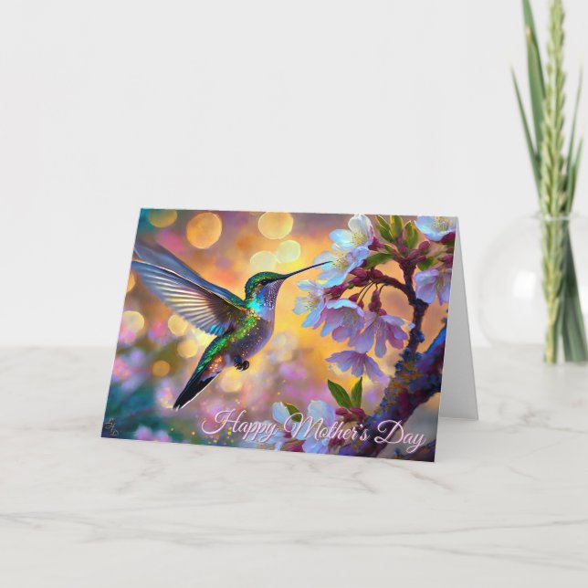 Cherry Blossom Fantasy Sunrise Hummingbird Card (Front)