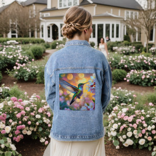 Cherry Blossom Fantasy Sunrise Hummingbird Denim Jacket
