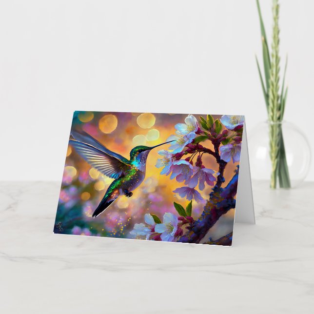 Cherry Blossom Fantasy Sunrise Hummingbird Foil Greeting Card (Front)