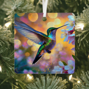 Cherry Blossom Fantasy Sunrise Hummingbird Metal Tree Decoration