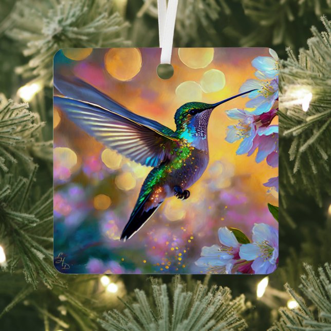 Cherry Blossom Fantasy Sunrise Hummingbird Metal Tree Decoration (Insitu)