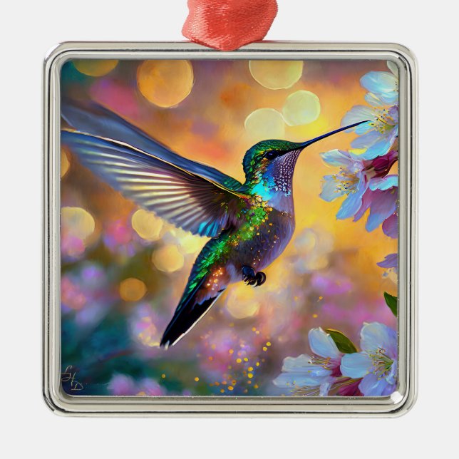 Cherry Blossom Fantasy Sunrise Hummingbird Metal Tree Decoration (Front)