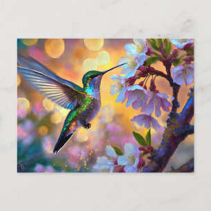 Cherry Blossom Fantasy Sunrise Hummingbird Postcard