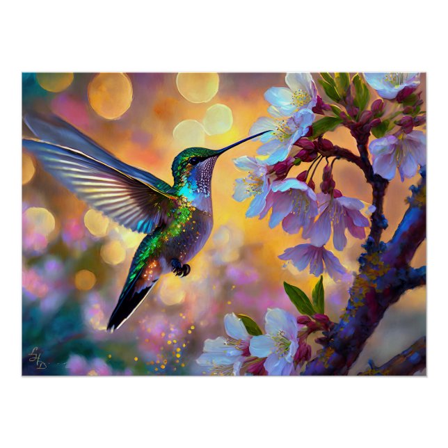 Cherry Blossom Fantasy Sunrise Hummingbird Poster (Front)
