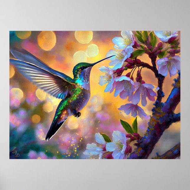 Cherry Blossom Fantasy Sunrise Hummingbird Poster (Front)