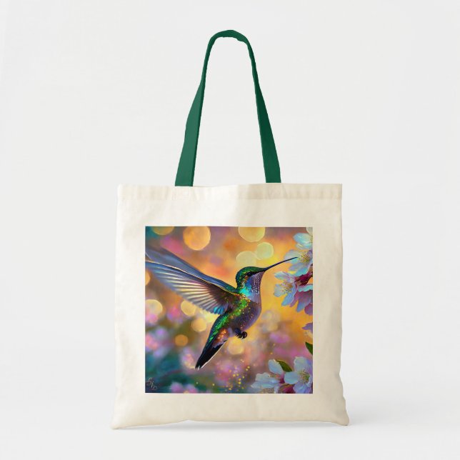 Cherry Blossom Fantasy Sunrise Hummingbird Tote Bag (Front)
