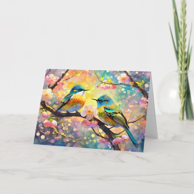 Cherry Blossom Fantasy Sunrise Songbirds Card (Front)