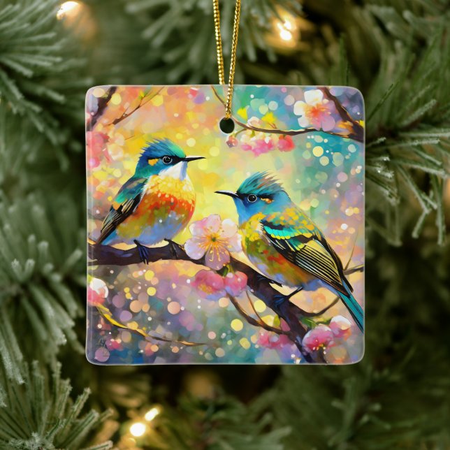 Cherry Blossom Fantasy Sunrise Songbirds Ceramic Ornament (Tree)