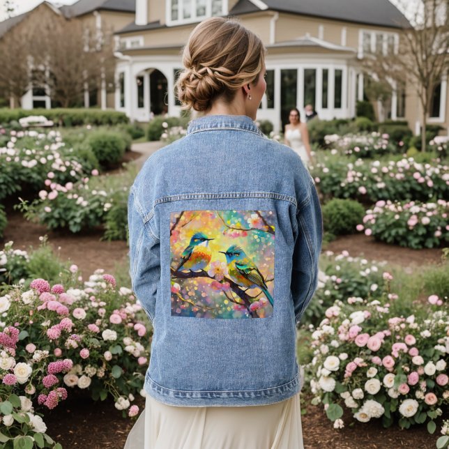 Cherry Blossom Fantasy Sunrise Songbirds Denim Jacket (Wedding Back)