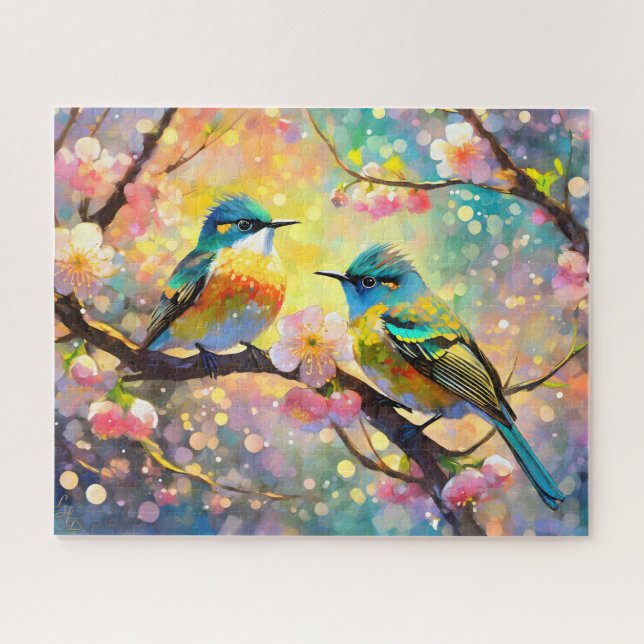 Cherry Blossom Fantasy Sunrise Songbirds Jigsaw Puzzle (Horizontal)