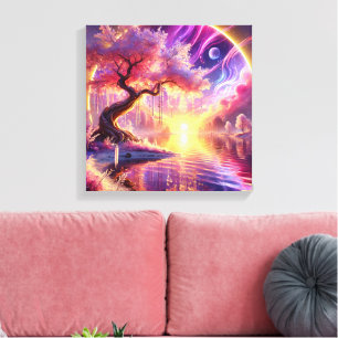 Cherry Blossom Fantasy: Tranquil Sunset Scene Canvas Print