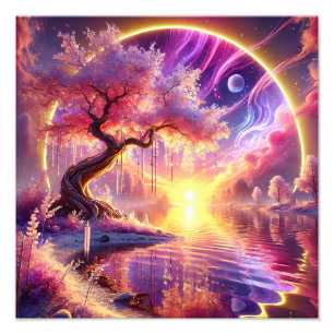 Cherry Blossom Fantasy: Tranquil Sunset Scene Photo Print