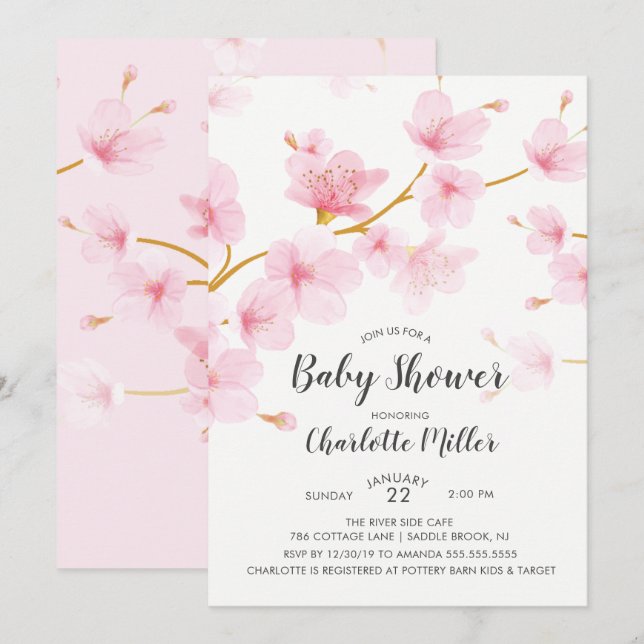 Cherry Blossom Floral Baby Shower Invitation (Front/Back)