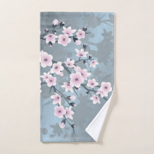 Cherry Blossom Floral Dusky Pink Dusty Blue Hand Towel