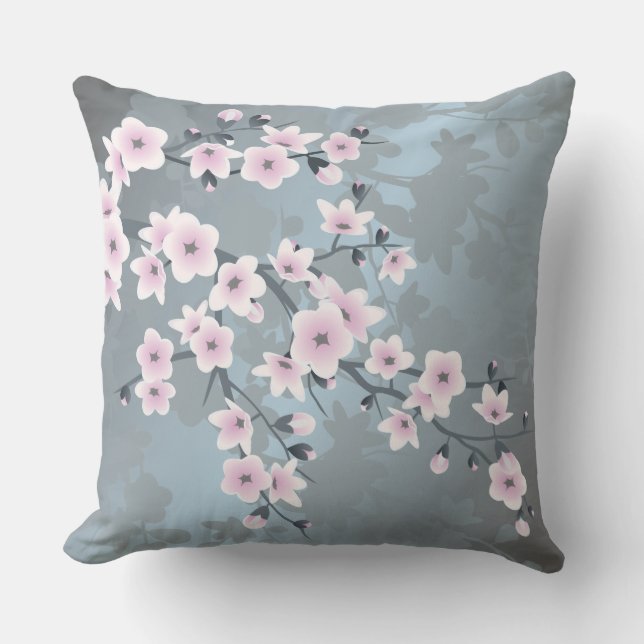 Cherry Blossom Floral Dusty Pink Blue Outdoor Cushion (Front)