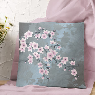 Cherry Blossom Floral Dusty Pink Dusty Blue Cushion