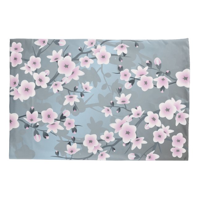Cherry Blossom Floral Dusty Pink Dusty Blue Pillowcase (Back)