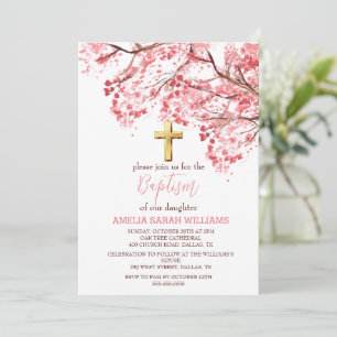 Cherry Blossom Floral Elegant Cross Girl Baptism Invitation