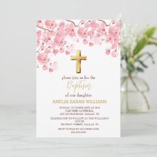 Cherry Blossom Floral Elegant Cross Girl Baptism  Invitation