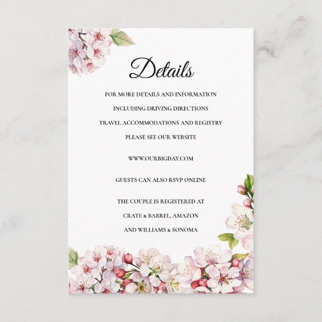 Cherry Blossom floral Enclosure Card Details (Front)