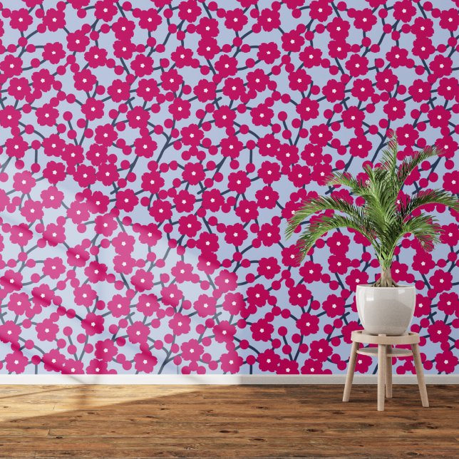 Cherry Blossom Floral Magenta Pink Blue Wallpaper (PInk and blue cherry blossom art wallpaper)