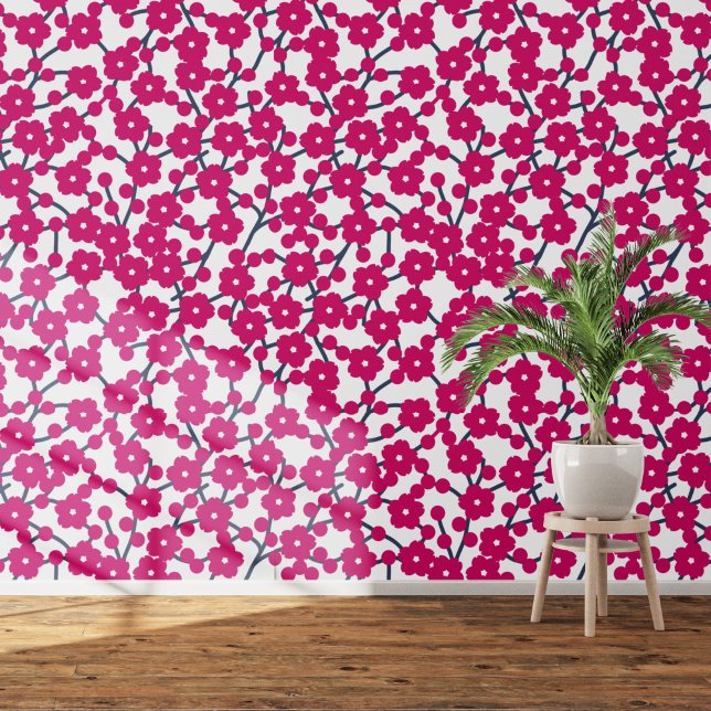 Cherry Blossom Floral Magenta Pink White Wallpaper (Pink and white cherry blossom art wallpaper)