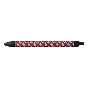 Cherry Blossom Floral Pattern, Pink Flowers Black Ink Pen