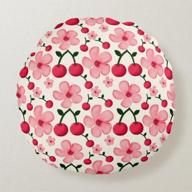 Cherry Blossom Floral Pattern, Pink Flowers  Round Cushion (Front)