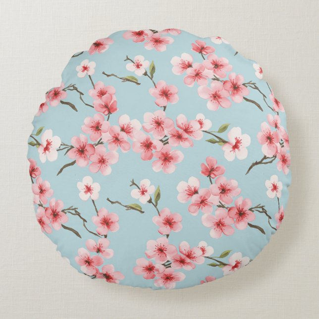 Cherry Blossom Floral Pattern Round Cushion (Front)