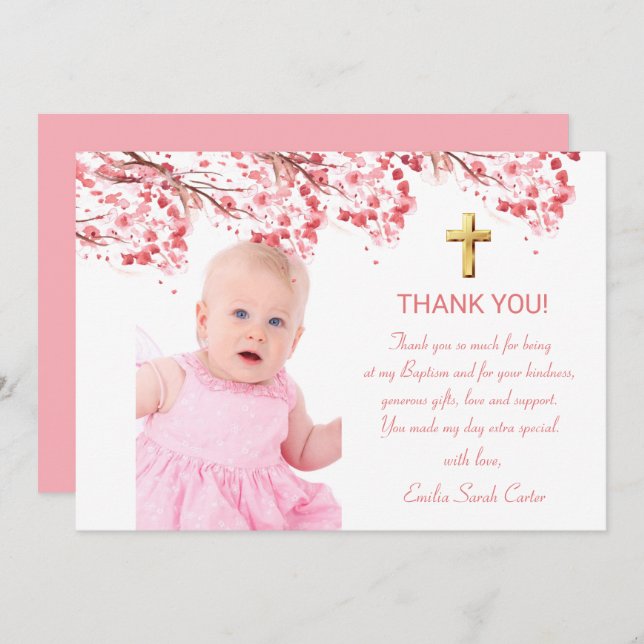 Cherry Blossom Floral Photo Cross Girl Baptism Thank You Card (Front/Back)