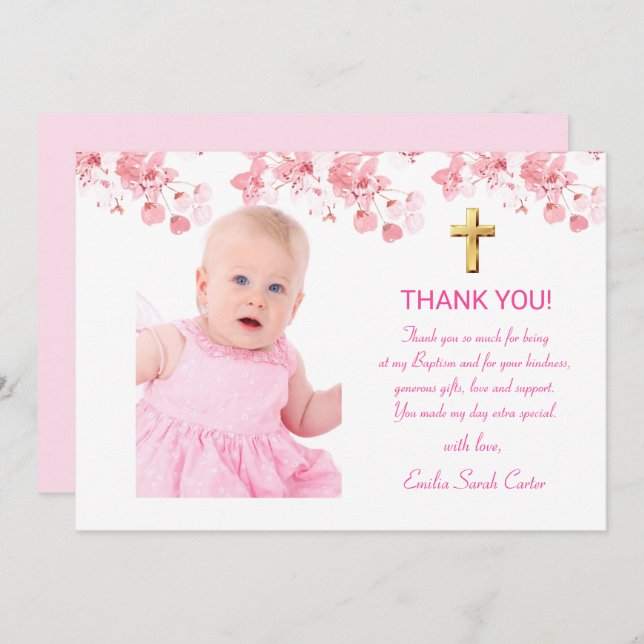 Cherry Blossom Floral Photo Cross Girl Baptism Thank You Card (Front/Back)