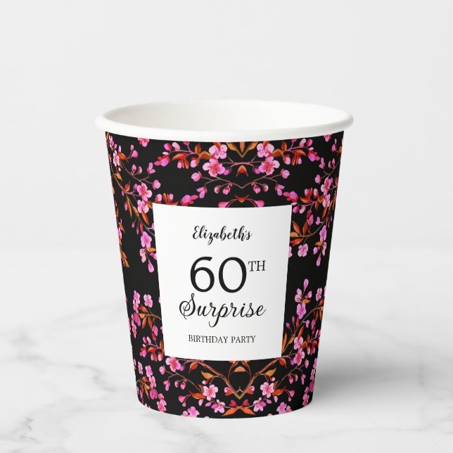 Cherry Blossom Floral Surprise Black Birthday  Paper Cups (Front)