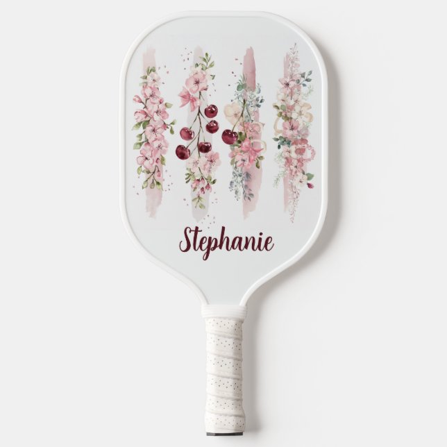 Cherry Blossom Floral Watercolor, Add Name Pickleball Paddle (Front)