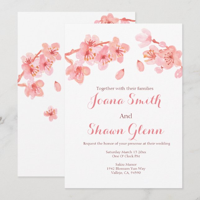 Cherry blossom floral wedding invitation (Front/Back)