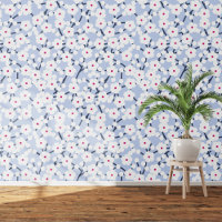 Cherry Blossom Floral White on Blue