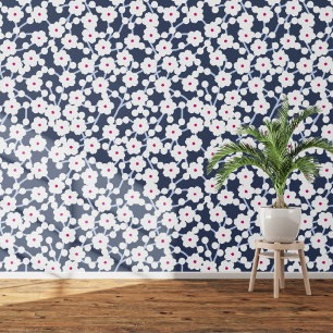 Cherry Blossom Floral White on Indigo Blue Wallpaper