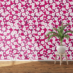Cherry Blossom Floral White on Pink Wallpaper
