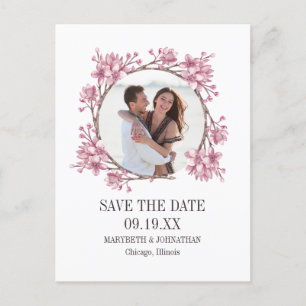 Cherry Blossom Floral Wreath Save The Date Photo Invitation Postcard