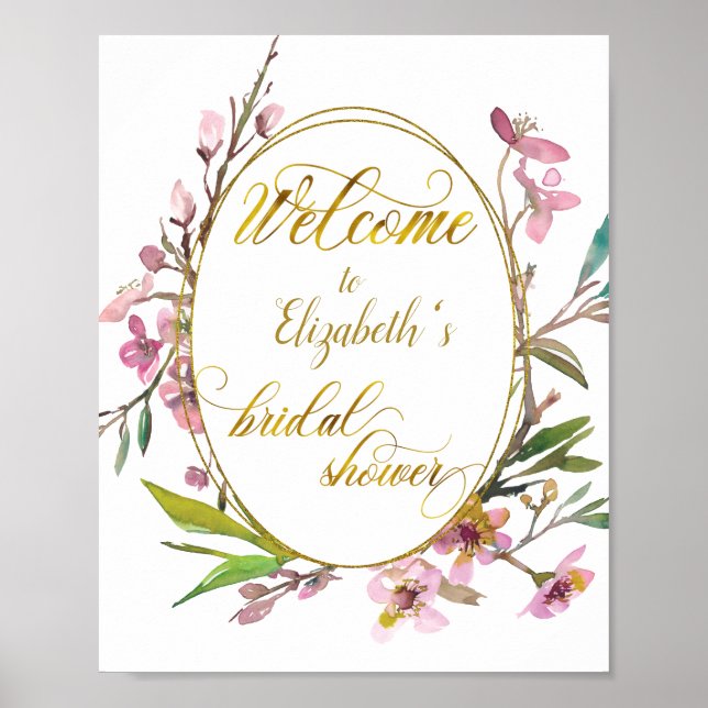 Cherry Blossom Flower Gold Frame Bridal Shower Poster (Front)