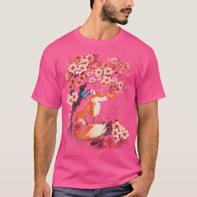 Cherry Blossom Flower Sakura Kawaii Japanese Fox T-Shirt (Front)