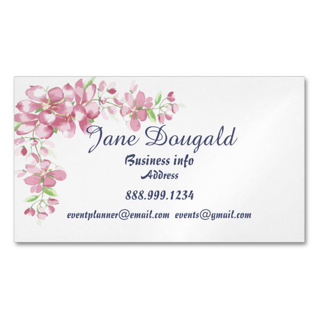 Cherry Blossom Flower Watercolor Art Custom  Magnetic Business Card (Front)