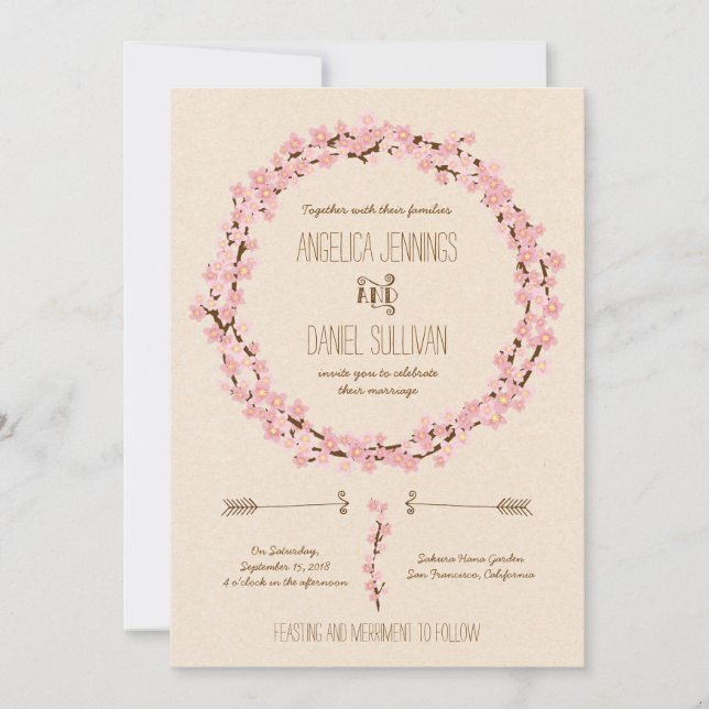 Cherry Blossom Flower Wreath Rustic Wedding Invitation (Front)