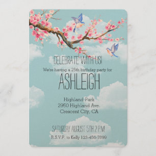 Cherry Blossom Flowers and Birds birthday Invitation