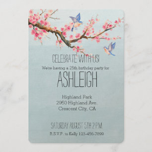 Cherry Blossom Flowers and Birds birthday Invitation