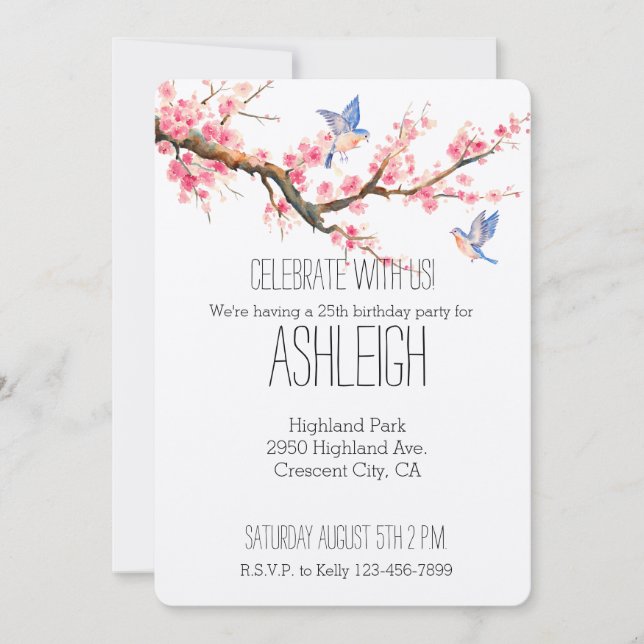 Cherry Blossom Flowers and Birds birthday Invitation (Front)
