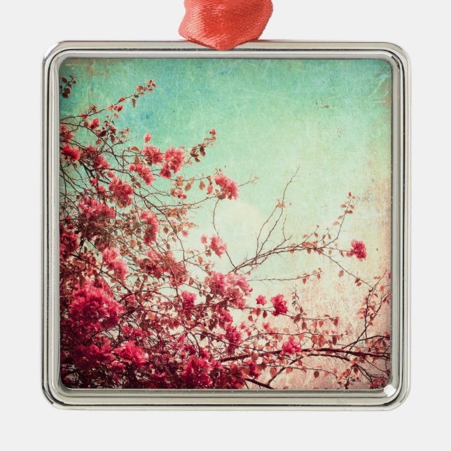 Cherry Blossom Flowers Floral Red Blue Ornament (Front)